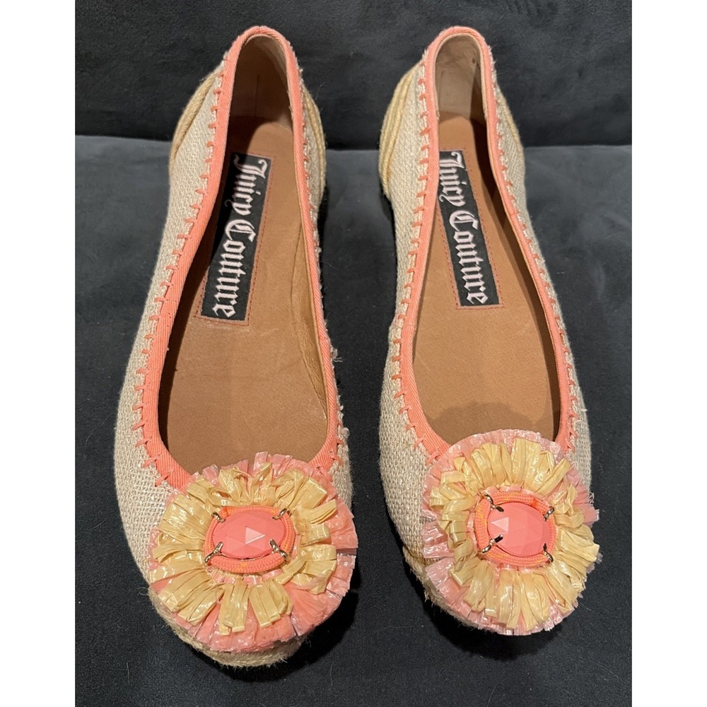 Juicy Couture Y2K Boho Rayna Straw Twill Floral Embellished Flats Size 8.5 M